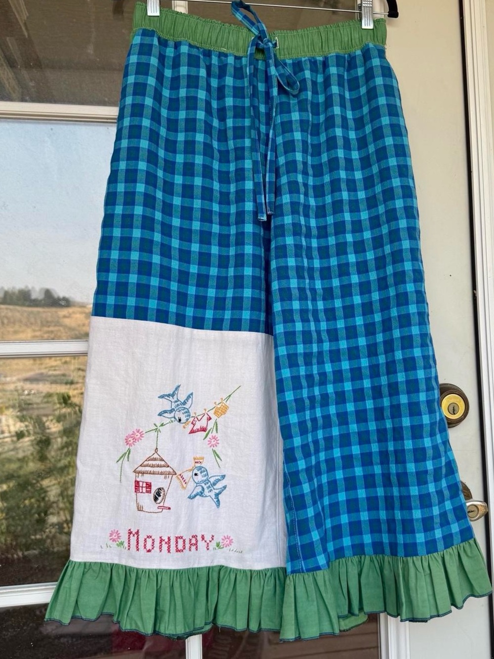 Handmade Patchwork Ruffle Pants with Vintage Embroidered Linen Women’s S-L